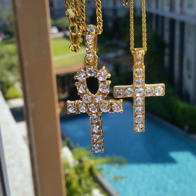 Pendants With Chains | 18K Gold Diamond Ankh and Cross Set Jewelry Pendants With Chains