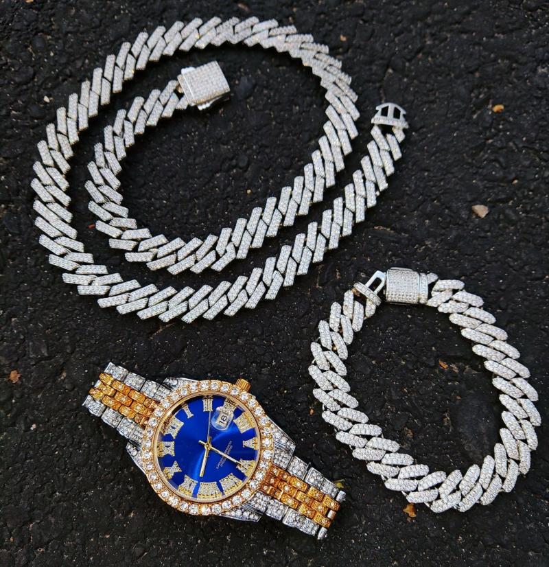 Sets | 18k Gold Diamond Prong Cuban Link Watch Set (3 Pieces) Jewelry Sets