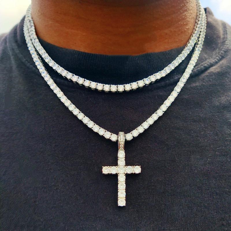 Sets | 18K Gold Diamond Tennis Cross Set Jewelry Pendants With Chains